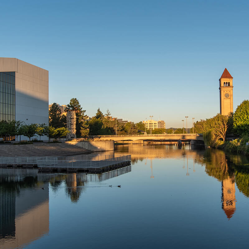 The Spokane River next to the clock tower.