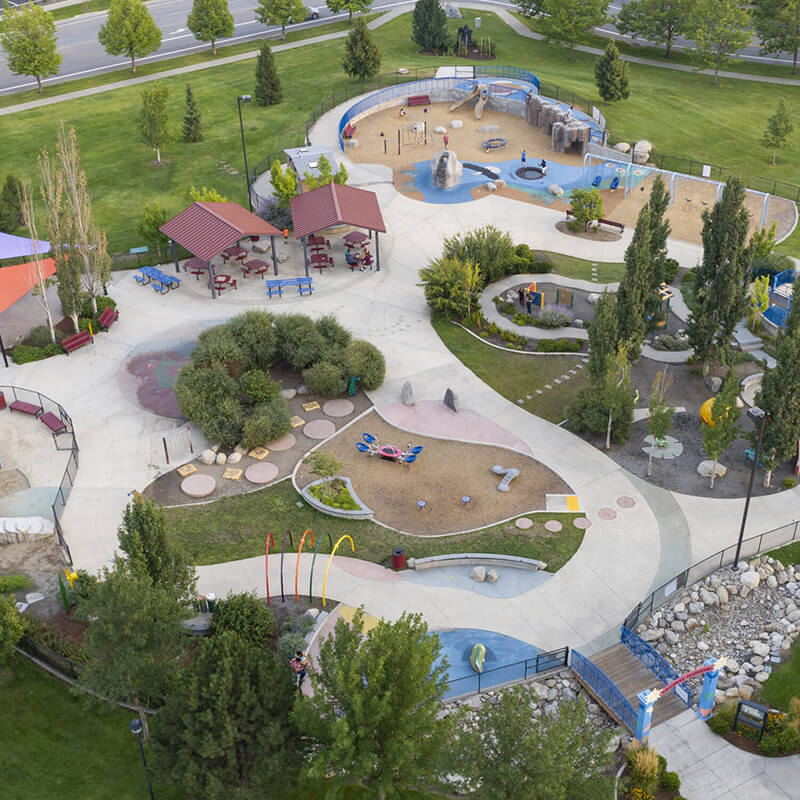 An aerial view of a large playground for kids.