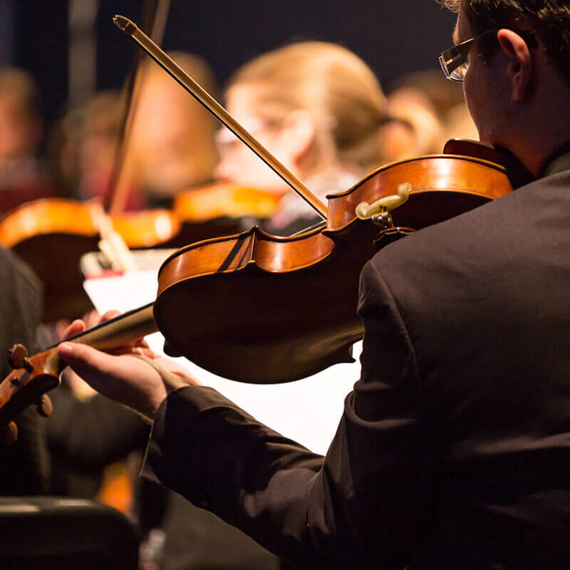 A violinist performing in a symphony.