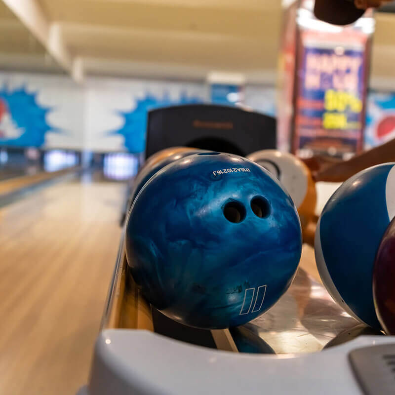 Bowling balls at a bowling alley in the Valley.