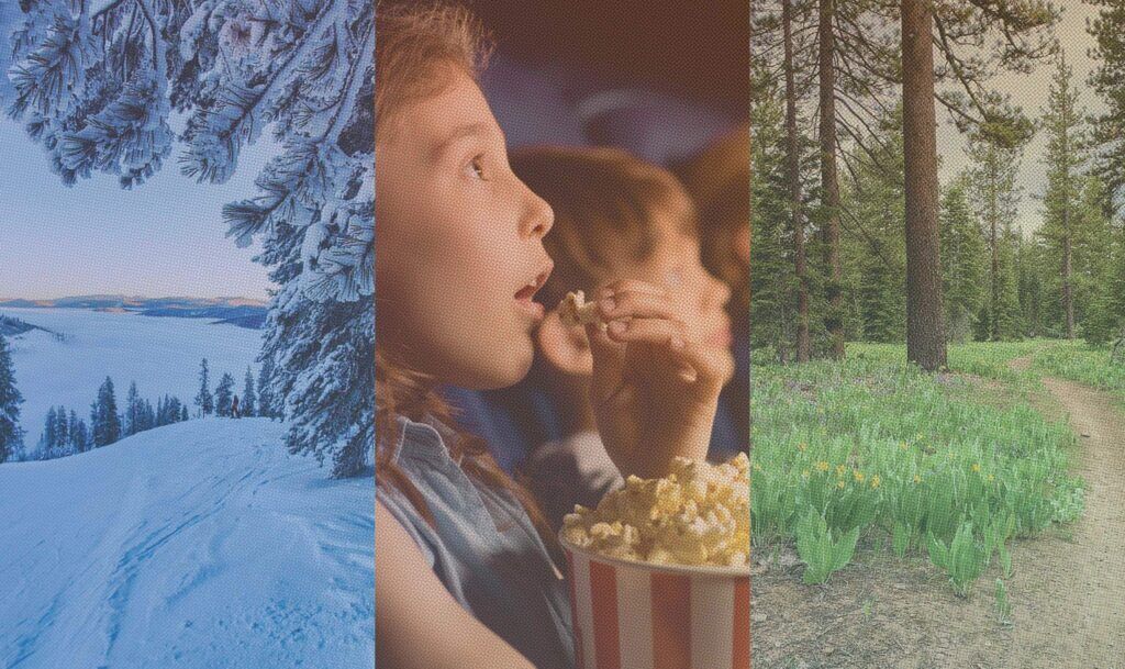 Collage of a snowy mountain, a movie theatre, and a hiking trail.